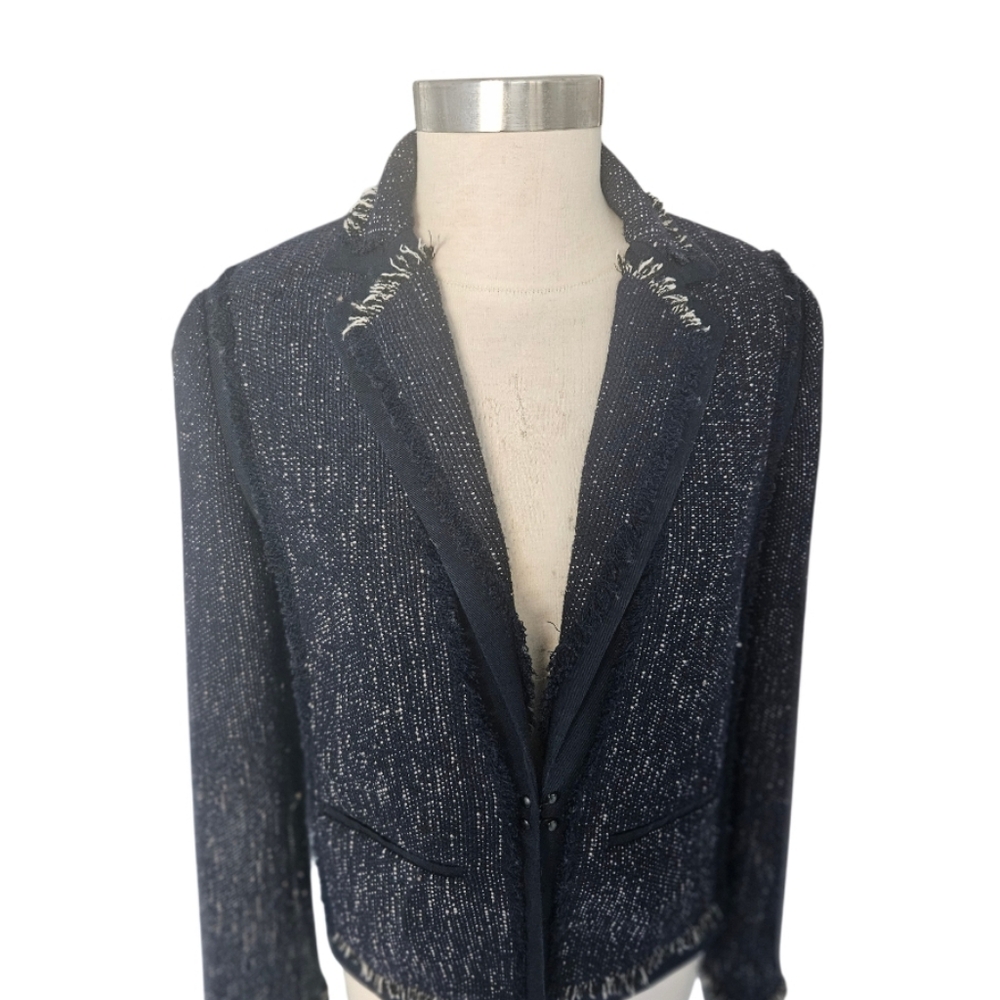 Vince Women's Navy Blue Soft Bouckle Fringe Tweed Blazer - Picture 9 of 10